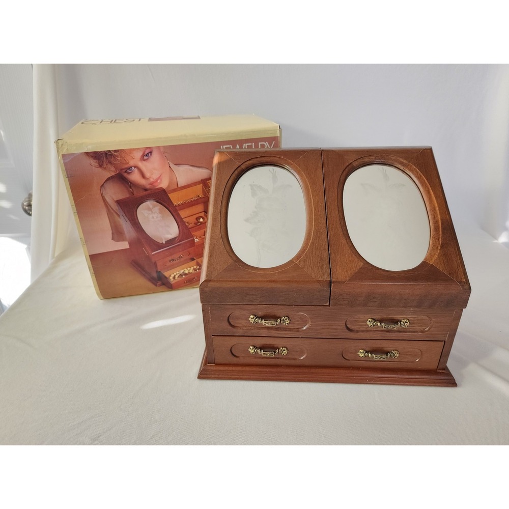 Vtg NIB London Leather Wood Jewelry Box Mirrors Floral Storage Chest READ